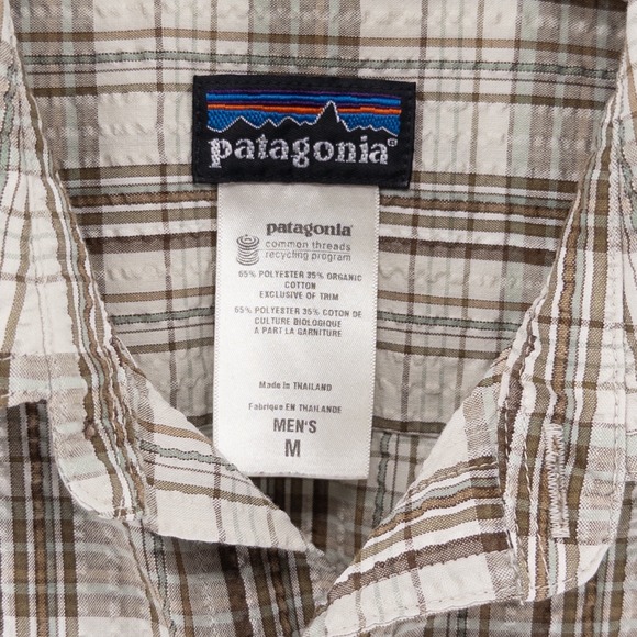 VTG Patagonia Mens Med Puckerware Short Sleeve Shirt Button Brown Plaid Textured - Picture 3 of 9